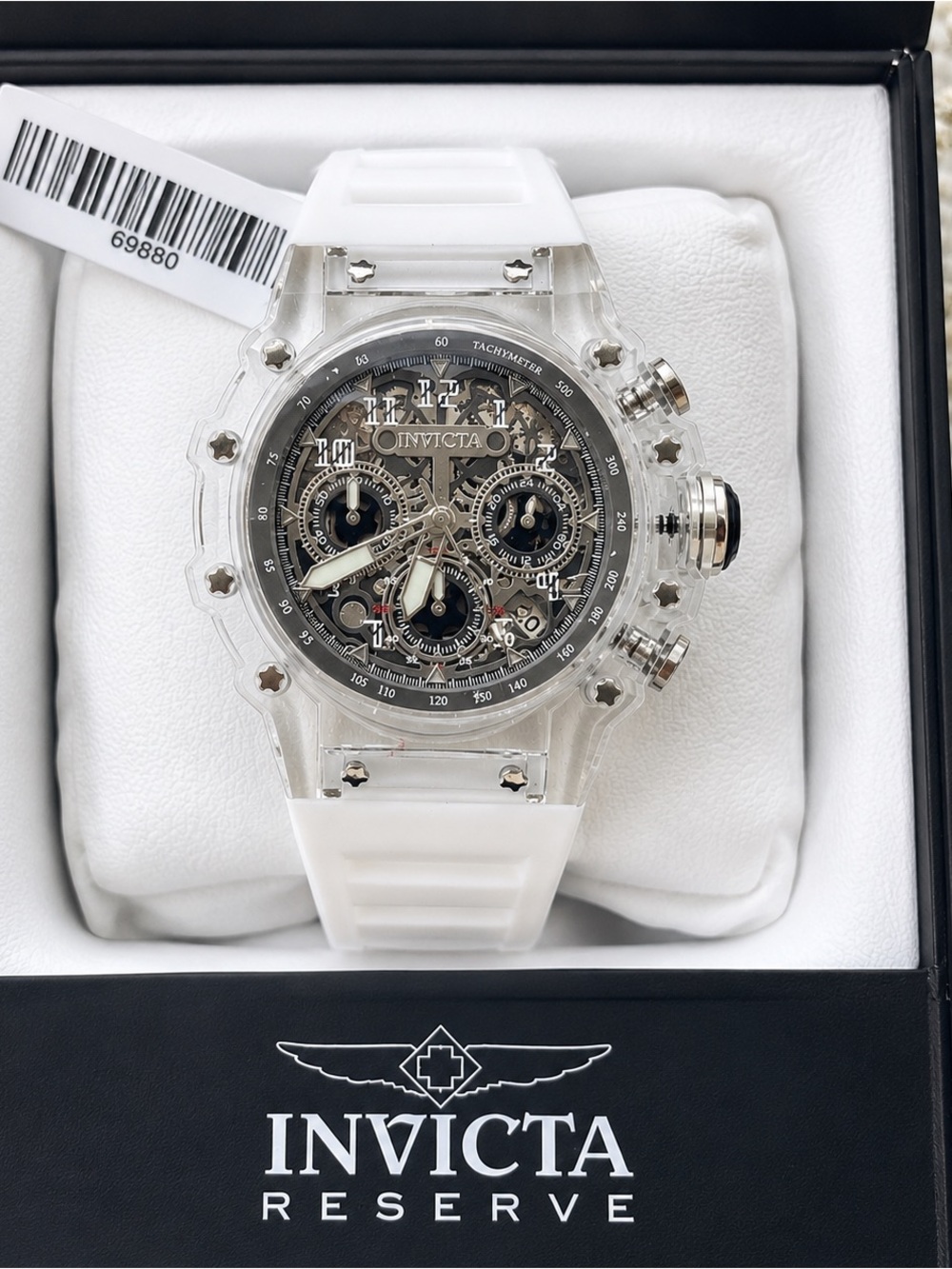 INVICTA Reserve Clear Skeleton Chronograph Watch White Silicone